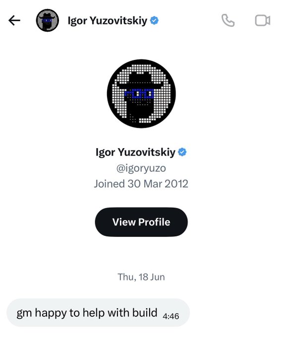 The image shows a message posted on social media by @igor yuzovitsky, which reads "What could be better than getting this DM from @igoryuzo while building something on @happyhour_base your guesses?". The post is about a project they are working on together.