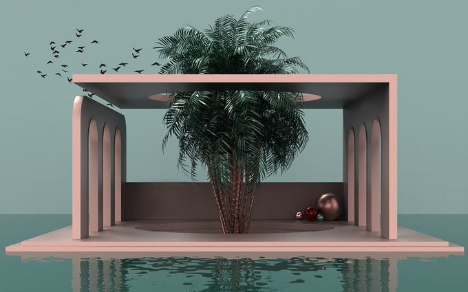 The image features a 3D rendering of an indoor garden with a palm tree, a birdhouse, and some balls scattered around. The scene takes place indoors, possibly within a building or a greenhouse setting. The photo has been edited to emphasize its 3D nature by adding a watermark that reads "GM Fam #ProofofPalm 8 $XTZ". This suggests the image is part of an art project or promotional material for GM Fam's 3D art services.