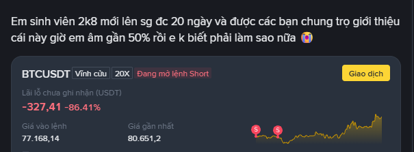 The image shows a Binance P2P trading interface displaying a BTCUSDT sell order with a price of 77,168.14 USDT and current market rate of 80,651.2, revealing a massive -327.41 USDT (-86.41%) unrealized loss on a short position. The Vietnamese text above the chart expresses sympathy toward the seller, suggesting they are a struggling student holding a losing short position as Bitcoin's price surges against them.