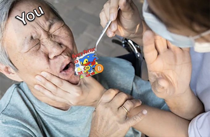 A meme showing an elderly man labeled "You" being spoon-fed by a caregiver, with a colorful "Honcho" cryptocurrency token logo replacing the food on the spoon.