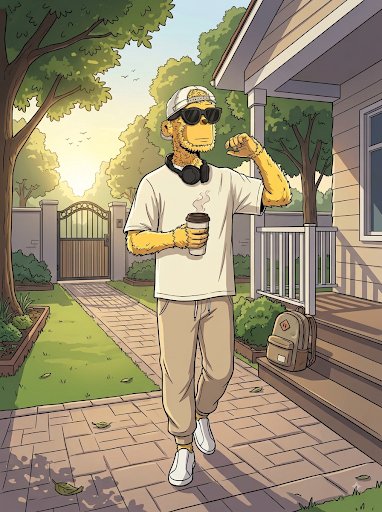 Cartoon illustration of Homer Simpson dressed in streetwear — white t-shirt, khaki joggers, sunglasses and cap — walking down a suburban path holding a coffee cup with a backpack on the porch behind him.