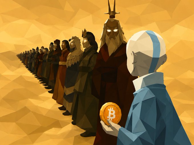 A low-poly digital artwork depicting a long line of bearded figures facing a white-haired character holding a gold Bitcoin coin.