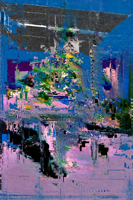 An abstract painting featuring chaotic blends of blue, pink, green, and black colors with textured brushstrokes.