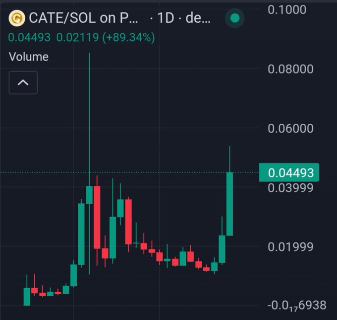 A candlestick chart showing the CATE/SOL trading pair with a price of 0.04493 and a gain of +89.34% (0.02119), displaying daily price action with volume indicator on a dark background.