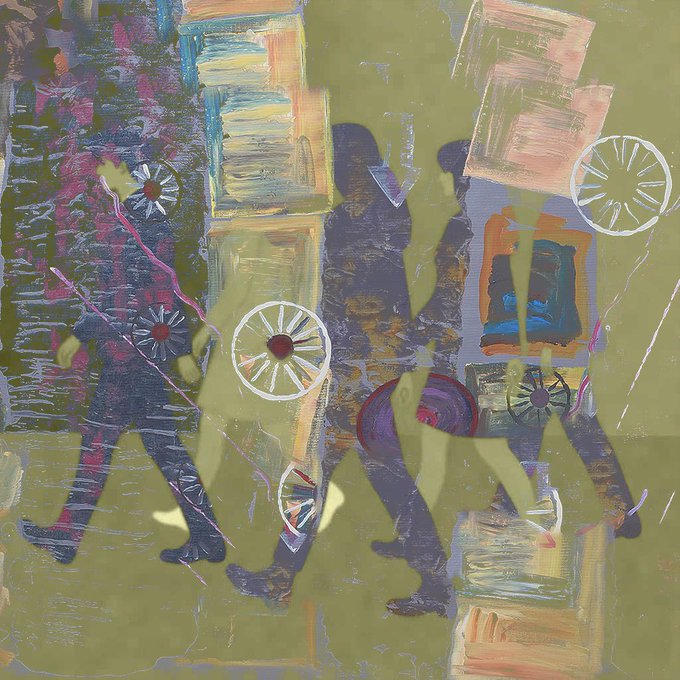 An abstract mixed-media painting featuring stylized human silhouettes in dark purple tones, layered over a textured olive-green background with circular wheel motifs and patches of pink, blue, and peach geometric shapes.
