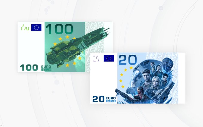 The image shows two concept banknotes featuring sci-fi designs—a green €100 note depicting a futuristic spacecraft and a blue €20 note showing a group of armored characters—both stamped with "EURO" and EU flag stars, playfully mocking the post's suggestion of a future UN currency.