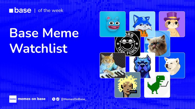 A promotional graphic titled 'Base Meme Watchlist' by 'memes on base' (@MemesOnBase_), featuring a collage of various internet meme characters including a red bear, a Sonic-like figure, a hamster, and pixel art characters.