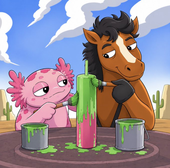 A cartoon illustration showing a pink axolotl and a brown horse character painting a cylindrical object green at a table with paint buckets, set against a desert landscape.