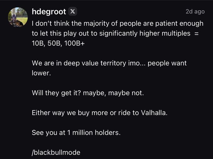 The image shows a tweet from user "hdegroot" expressing that most people aren't patient enough for higher market multiples (10B, 50B, 100B+), suggesting current prices are in deep value territory and the poster plans to buy more regardless of further drops. The tweet ends with "See you at 1 million holders" and "/blackbullmode," conveying an aggressively bullish stance that aligns with the accompanying post's call-out on $ANSEM via @Pumpfun.
