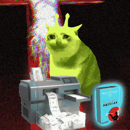 A neon green cat with a crown sits behind a printer rapidly churning out cash, next to a glowing "American" passport—juxtaposing the poster's regret over impulsively buying an NFT for 0.169 ETH with imagery of greed, luxury, and quick-money schemes.