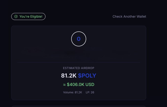 An airdrop eligibility checker interface showing a wallet is 'Eligible' with an estimated airdrop of '81.2K $POLY' (approximately $406.0K USD) at LP 26.