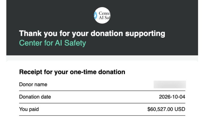 A donation receipt from the Center for AI Safety thanking a donor for a one-time contribution of $60,527.00 USD dated 2026-10-04.
