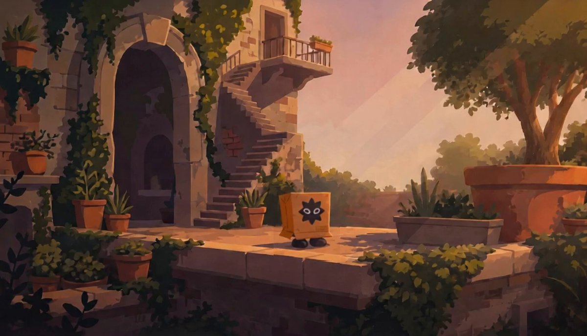 The image features a cartoon scene of a robot with a square head sitting on top of a stone wall, surrounded by potted plants. The robot appears to be in a garden or courtyard setting, possibly an old castle-like structure. In the background, there is a staircase leading up to a balcony, and another staircase going down from the balcony. A post about Packet Nominee friends can also be seen in the image.