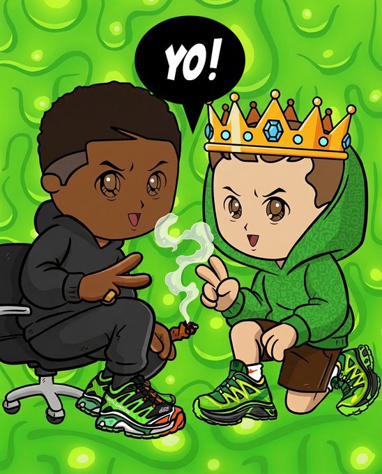 Two chibi-style cartoon characters sit against a green swirled background, with one wearing a gold crown and green hoodie making a peace sign, while the other in a black hoodie holds a smoldering cigar and a speech bubble reads "YO!" — fitting the post's energetic "Good Morning ₿illionaires" greeting for a lit Friday.