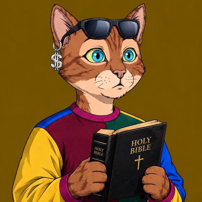 An anthropomorphic cat with blue eyes wears sunglasses on its head and a dollar sign earring while reading a Holy Bible, dressed in a colorful color-blocked sweater.