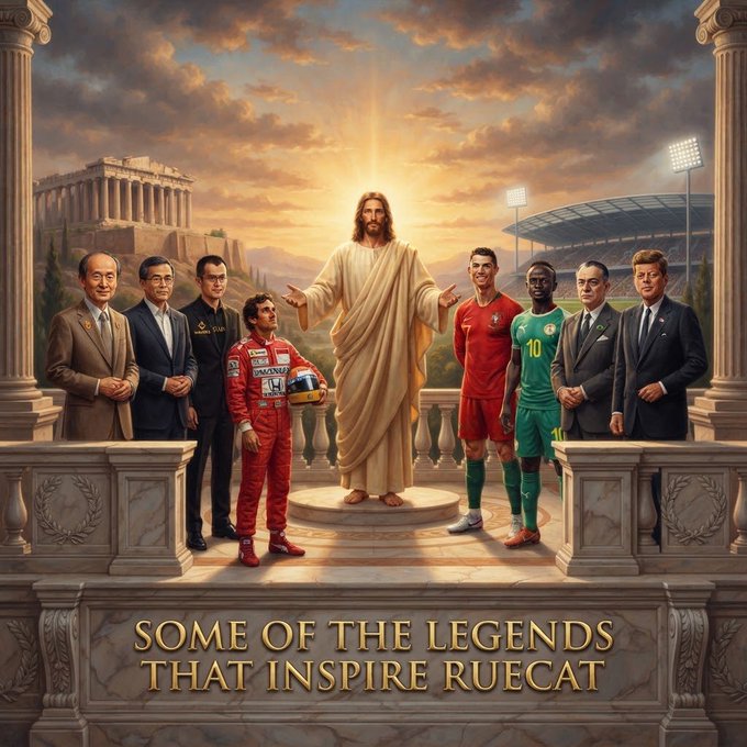 An illustration titled 'SOME OF THE LEGENDS THAT INSPIRE RUECAT,' depicting Jesus at the center flanked by figures resembling Ronaldo, a F1 driver, a Saudi prince, and other recognizable personalities at a classical Greek-style stadium.