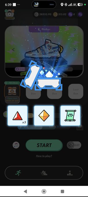 A Walken app screen showing a sneaker and couch NFT/avatar design with a geometric pattern interface and a green 'START' button at the bottom.