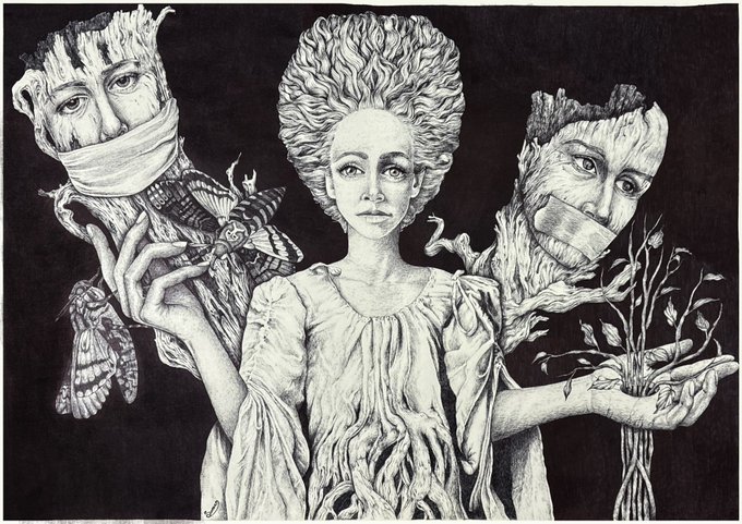 A surreal black-and-white ink illustration of a pale woman with voluminous hair, flanked by two distorted, bound figures—one holding butterflies, the other holding a small plant.