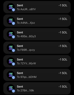 A cryptocurrency transaction history showing multiple 'Sent' transactions of -1 SOL to various wallet addresses.
