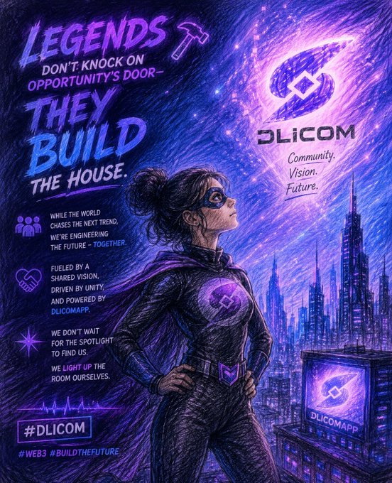 A stylized purple-toned illustration features a female superhero figure with "DLICOM" emblazoned on her chest, standing before a futuristic cityscape with the "DLICOMAPP" logo. Bold text reads "LEGENDS DON'T KNOCK ON OPPORTUNITY'S DOOR — THEY BUILD THE HOUSE," alongside messages emphasizing community-driven future building, unity, and self-empowerment, with hashtags #Dlicom, #WEB3, and #BUILDTHEFUTURE reinforcing the Web3 innovation theme.