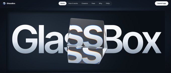 A website header for 'GlassBox' features a 3D glass cube logo and navigation menu including 'Home', 'How it works', and 'Creators'.