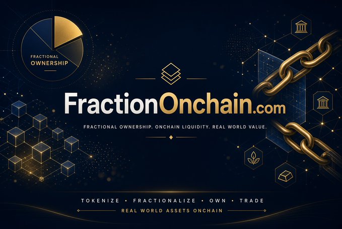 A promotional banner for FractionOnchain.com featuring the tagline "FRACTIONAL OWNERSHIP. ONCHAIN LIQUIDITY. REAL WORLD VALUE." along with "TOKENIZE • FRACTIONALIZE • OWN • TRADE" and "REAL WORLD ASSETS ONCHAIN," decorated with gold chains, cubes, and icons representing various assets.