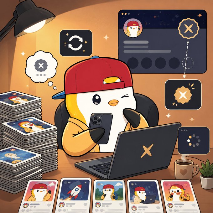 An illustration shows a cartoon penguin character wearing a red hat working at a laptop, with stacks of trading cards and various NFT-style digital assets around it.