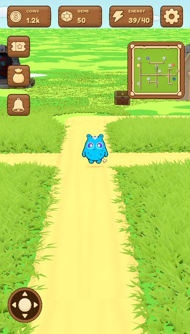 The image shows an advertisement for a mobile app called "Monmonja". It features a cartoon character, likely a blue monster or a small animal, walking down a path with a brown wooden fence at its side. The background of the image is green, suggesting that the app might be related to nature or outdoor activities. The post also mentions that the app has been working overtime and is available for free download on the App Store.