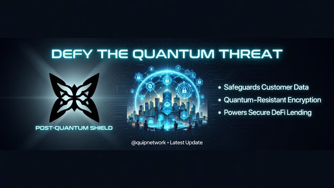 A digital banner for 'Post-Quantum Shield' by QUI Network reads 'DEFY THE QUANTUM THREAT' and lists features including 'Safeguards Customer Data,' 'Quantum-Resistant Encryption,' and 'Powers Secure DeFi Lending,' set against a cyberpunk cityscape.