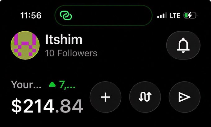 The image shows a mobile app screenshot displaying a Cash App-style profile for "Itshim" with 10 followers and a wallet balance of $214.84 shown in large text at the bottom. The screenshot relates to the post by capturing the moment of waking up to check a crypto/web3 wallet, with the balance visible to celebrate the user's milestone of hitting a "3 figure" (three-digit) amount.