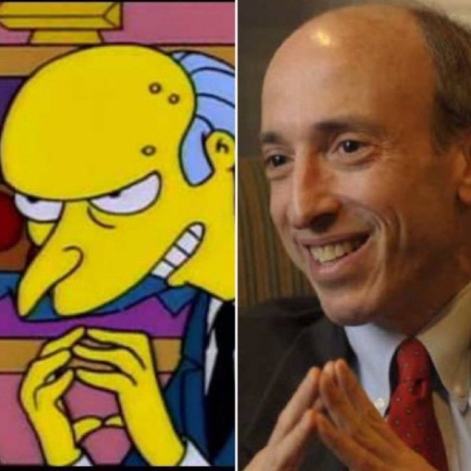 A side-by-side meme comparing the cartoon character Mr. Burns from The Simpsons with a real-life photo of SEC Chair Gary Gensler, both shown with the same clasped-hands expression.