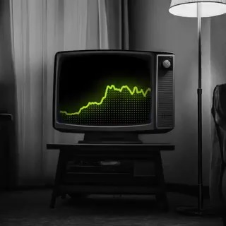 A vintage television on a stand displays a green rising line chart on a dark grid, illuminated by a nearby floor lamp in a dimly lit room. The glowing upward trend on the old TV screen visually reinforces the post's message about keeping charts active for traders monitoring the market overnight.