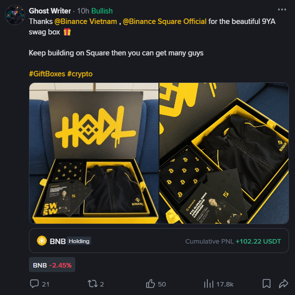 A social media post by Ghost Writer thanking @Binance Vietnam and @Binance Square Official for a 9YA swag box featuring 'HODL' graffiti-themed merchandise, with BNB trading data showing -2.45% and a cumulative PNL of +102.22 USDT.