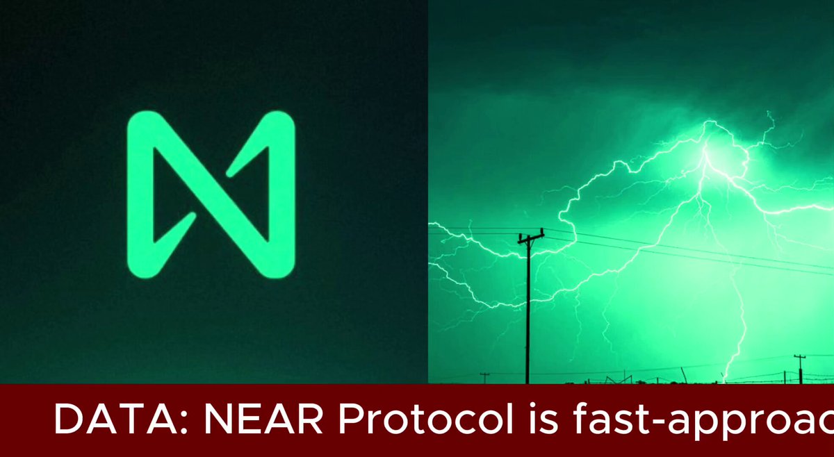 The image features two photos side by side with a green logo for Near Protocol, which is a data processing protocol. The first photo shows a lightning strike against a dark sky, while the second photo displays a green logo representing Near Protocol. Both images are set against a gray background and have text that reads "Data: NEAR Protocol is fast-approaching" above the logos.