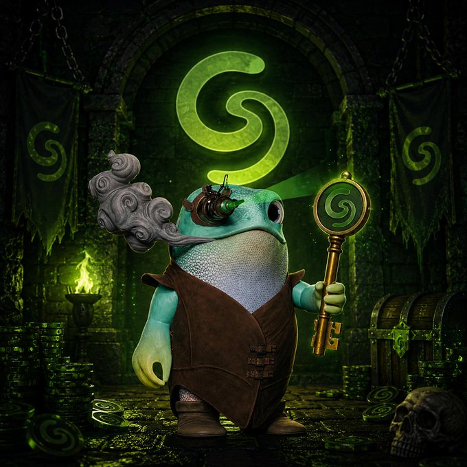 A fantasy digital artwork depicts a green frog character with a grey mustache and steampunk goggles, holding a large, ornate key and wearing a brown leather vest in a dark, treasure-filled dungeon.