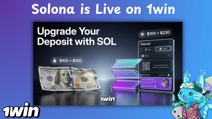 An advertisement banner reading 'Solona is Live on 1win' and 'Upgrade Your Deposit with SOL', featuring cash and a crypto deposit interface, with the '1win' logo.