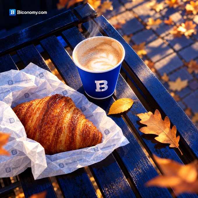 A cup of coffee with latte art and a croissant on a wooden bench scattered with autumn leaves, branded with 'Bicoinomy.com' watermark.