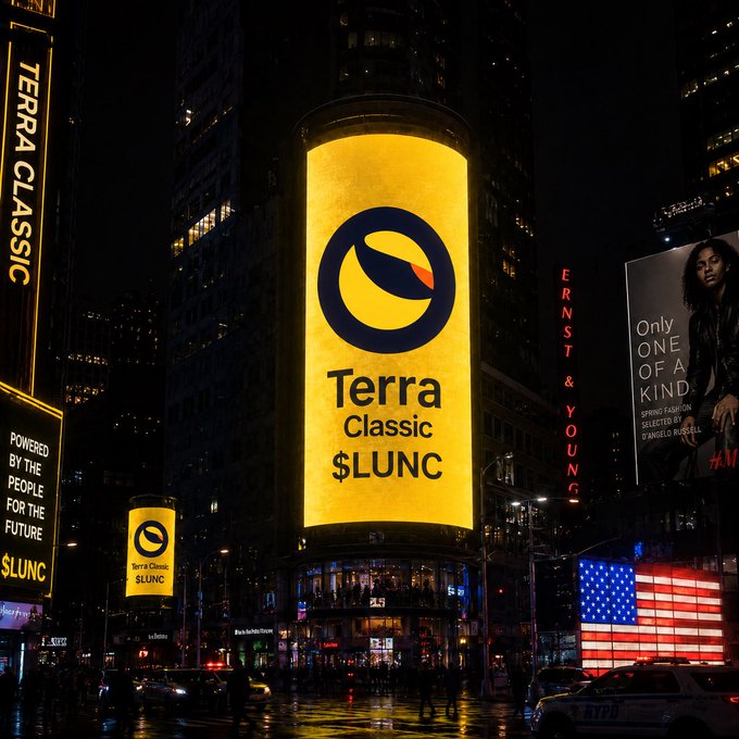 A nighttime cityscape featuring illuminated billboards advertising 'Terra Classic $LUNC' alongside 'ERNST & YOUNG' signage and an American flag in a busy urban district.