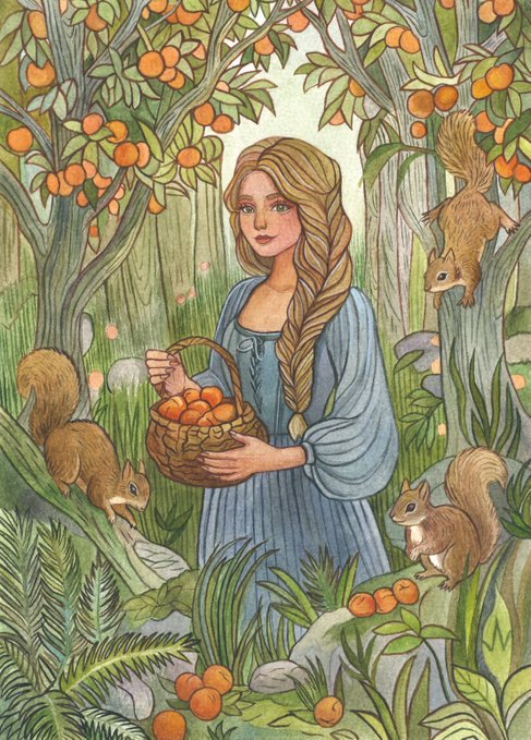 The image features a woman with long hair, dressed in blue clothing, holding a basket of oranges while standing among trees and bushes. The scene appears to be set during the summer season, as indicated by the presence of fruit trees. The painting is an illustration that captures the essence of the summer harvest, creating a sense of freshness and abundance.