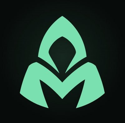The image displays a stylized teal logo on a black background, featuring an angular, hooded or arrow-like emblem that visually represents the "Mancer" brand referenced in the post about the Mancer decentralized exchange (DEX) built on the Robinhood Chain, focused on automated, non-custodial trading execution.