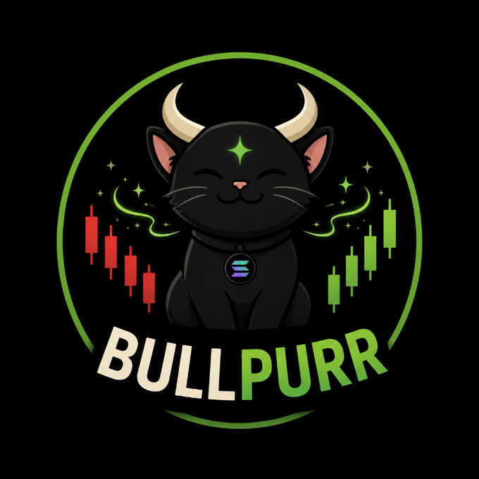 A circular logo features a cute black cat with horns and a glowing green forehead symbol, surrounded by red and green candlestick chart patterns, with "BULLPURR" displayed in bold white and green text below, visually tying the meme coin to bullish market imagery for the $BULLPURR Solana launch.