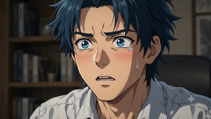 An anime-style illustration of a young man with messy dark blue hair and blue eyes, looking emotional with tears and blushing cheeks, set against a bookshelf background.