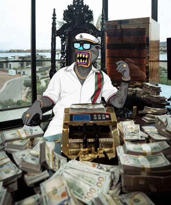 An illustrated cartoon character wearing a captain's hat, sunglasses, and gold chains sits on a throne surrounded by stacks of cash and gold bars, with a money-counting machine in front.