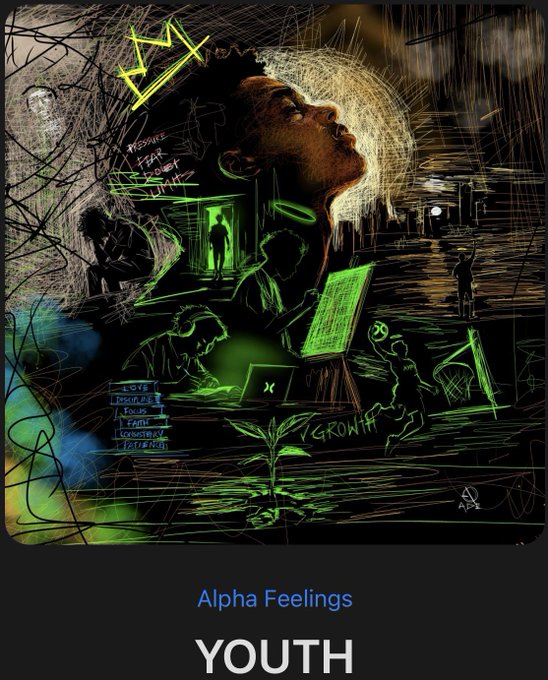 An album cover featuring stylized digital artwork of a person surrounded by green neon sketches of people, tech elements, and words like 'PRESSURE,' 'FEAR,' 'DOUBT,' 'LOVE,' 'GROWTH,' titled 'Alpha Feelings - YOUTH'.