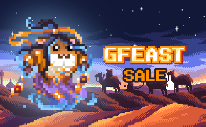 The image features pixel-art promotional artwork for a "GFEAST SALE," depicting a hamster-like hero character wreathed in blue energy against a desert sunset backdrop with camel silhouettes. The accompanying post highlights this as a promotional event offering discounts (15% and 50% off) for the "GFEAST" game, featuring the hero hamster born a legend with customizable abilities.