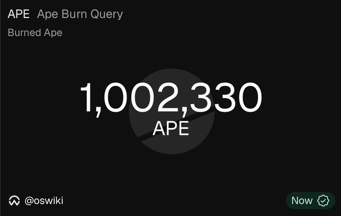A screenshot from @oswiki showing an 'APE Burn Query' with '1,002,330 APE' displayed as 'Burned Ape' against a dark background.