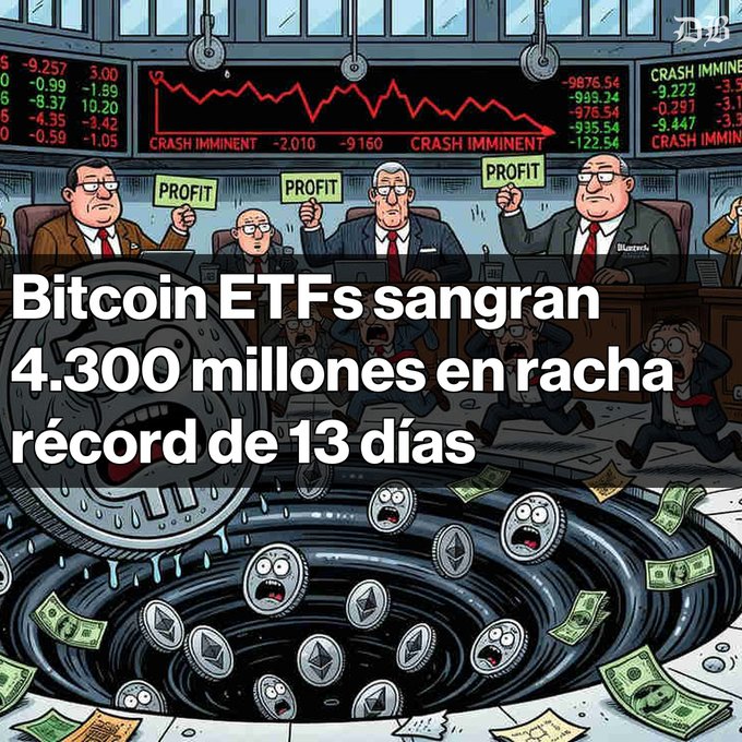 The image shows a cartoon illustration of various men with fake Bitcoin signs holding dollar bills, indicating they are promoting Bitcoins as an investment opportunity at a cryptocurrency exchange or trading floor set against a backdrop of economic crisis graphs showing falling values in stock prices over time. The caption reads "RéCORD DE RETIROS EN ETFS DE BITCOIN Los fondos cotizados en bolsa de Bitcoin al contado sufrieron salidas netas de USD 17 días". This suggests the Bitcoin market is performing well and showing positive trends, despite the economic crisis.