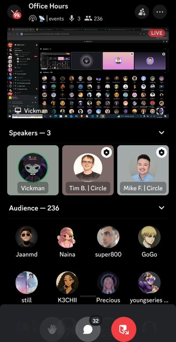 A screenshot of an 'Office Hours' live audio room interface in a social audio app, showing Speakers (Vickman, Tim B., Mike F.) and an audience of 236 with names like 'Jaanmd', 'Naina', 'super800', 'GoGo', 'still', 'K3CHII', 'Precious', and 'youngséries'.