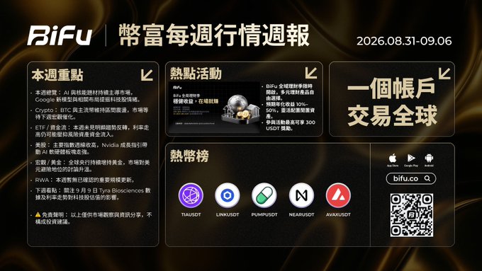 A black promotional graphic for BiFu cryptocurrency exchange's weekly market report (幣富每週行情週報) dated 2026.08.31-09.06, featuring highlights, events, hot tokens including TIAUSDT, LINKUSDT, PUMPUSDT, NEARUSDT, and AVAXUSDT, and a QR code.