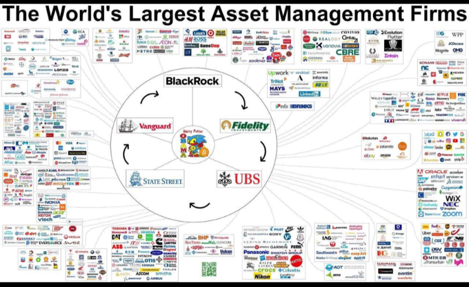 An infographic titled 'The World's Largest Asset Management Firms' showing BlackRock, Vanguard, Fidelity, State Street, and UBS at the center, with surrounding clusters of brand logos representing companies connected to each firm.